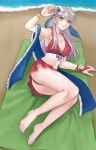  1girl absurdres arm_up armpits ass bare_legs bare_shoulders barefoot beach bikini breasts cleavage commentary_request fire_emblem fire_emblem:_radiant_dawn fire_emblem_heroes flower grey_hair hair_flower hair_ornament hazuki_(nyorosuke) highres large_breasts micaiah_(fire_emblem) navel ocean official_alternate_costume outdoors red_bikini solo stomach swimsuit thighs water white_flower yellow_eyes 