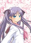  bad_id bad_pixiv_id blue_eyes blush hiiragi_kagami long_hair lucky_star nakki pink_neckwear purple_hair ribbon ryouou_school_uniform school_uniform serafuku smile solo twintails 