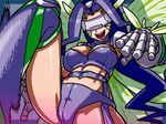  1girl 4:3 approximated_aspect_ratio aruni breasts cleavage digimon digimon_frontier facial_mark fairymon gauntlets high_kick kazemon kicking large_breasts lingerie long_hair menstrual_pad monster_girl open_mouth pad panties purple_hair smile thighhighs underwear visor wings 