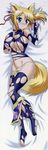  absurdres animal_ears blonde_hair blue_eyes blue_legwear breasts cleavage dakimakura dog_days fox_ears fox_tail fujima_takuya full_body gloves highres large_breasts legs long_hair long_image lowleg lowleg_panties panties scan solo tabard tail tall_image thighhighs torn_clothes torn_gloves torn_legwear underwear white_panties yukikaze_panettone 