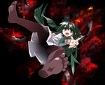  akaino_(akaomi) bad_id bad_pixiv_id bare_shoulders dress falling feet green_eyes green_hair long_hair open_mouth outstretched_hand pantyhose saya saya_no_uta solo teeth upskirt white_dress 