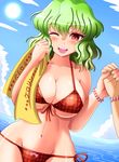  bad_id bad_pixiv_id banned_artist bead_band bikini blue_sky blush breasts cleavage cloud day green_hair highres holding kazami_yuuka large_breasts mouth_hold navel one_eye_closed open_mouth red_eyes red_swimsuit shin'en_(gyokuro_company) short_hair side-tie_bikini sky smile solo_focus sun swimsuit touhou towel water 