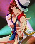 asymmetrical_clothes asymmetrical_legwear awakened_miki breasts brown_hair cleavage fedora green_eyes hat highres hoshii_miki idolmaster idolmaster_(classic) large_breasts necktie open_mouth outstretched_arm outstretched_hand parody short_hair shorts smile solo uta_no_prince-sama yuyu_(yuyurhythm) 