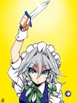  :&lt; braid double_dealing_character izayoi_sakuya knife short_hair silver_hair solo tajima_yuuki touhou twin_braids 