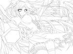  absurdres arm_cannon bow breasts feathered_wings greyscale hair_bow highres large_breasts lineart long_hair looking_at_viewer moneti_(daifuku) monochrome panties puffy_short_sleeves puffy_sleeves reiuji_utsuho short_sleeves skirt solo thigh_strap touhou underwear weapon wings 