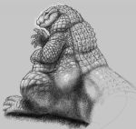  anthro belly big_belly chompythecroc claws crocodile crocodilian grey_background greyscale hand_on_stomach male monochrome neodokuro nude obese obese_male overweight overweight_male reptile scales scalie simple_background sitting smile solo teeth thick_tail thick_thighs toe_claws waving wide_hips 