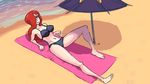  barefoot beach beach_towel beach_umbrella bikini black_bikini breasts hair_over_one_eye krieg_(skullgirls) large_breasts long_hair lying navel ocean parasoul_(skullgirls) red_hair skullgirls slender_waist solo swimsuit towel triple-q umbrella yellow_eyes 