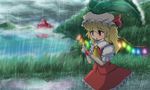  :o ascot bad_id bad_pixiv_id blonde_hair cloud cloudy_sky flandre_scarlet grass hat hat_ribbon hiryou lake leaf_umbrella looking_away mob_cap mountain path puffy_short_sleeves puffy_sleeves rain red_eyes ribbon road scarlet_devil_mansion short_hair short_sleeves side_ponytail skirt skirt_set sky slit_pupils solo touhou water_drop wings wrist_cuffs 