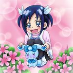  &gt;_&lt; :3 blue_eyes blue_hair blush bow child closed_eyes dokidoki!_precure hair_bow hishikawa_rikka long_hair mameshiba open_mouth precure rakeru_(dokidoki!_precure) smile solo squatting twintails x3 younger 