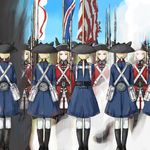  america american_flag american_revolution animal_ears animal_hat bad_id bad_pixiv_id battle bayonet blonde_hair blue_eyes british brown_bess coat coh day english_flag explosion flag flagpole gun hat holding holding_gun holding_weapon long_hair mars_expedition military military_uniform multiple_girls musket ponytail red_coat short_hair skirt sky soldier sunlight thighhighs tricorne uniform union_jack united_kingdom war weapon zettai_ryouiki 