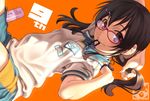  adjusting_hair aoi_sora_(pairan) brown_eyes brown_hair bunching_hair glasses gym_shorts gym_uniform hairband looking_at_viewer mouth_hold original pairan red-framed_eyewear shorts solo 