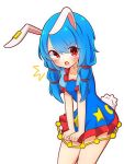  1girl animal_ears blue_dress blue_hair blush bunny_ears bunny_tail commentary_request dress dress_tug highres inon long_hair low_twintails open_mouth red_eyes seiran_(touhou) short_dress simple_background solo tail touhou twintails white_background 