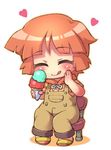  :q blush chair character_request closed_eyes copyright_request food full_body hand_on_own_face heart holding ice_cream orange_hair overalls sandals sankuma short_hair simple_background sitting smile solo tongue tongue_out white_background 