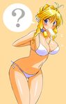  ? animal_ears bell bikini blonde_hair breasts choker cow_bell cow_ears cow_horns food gomamiso_(gomamiso_sp) horns large_breasts legs long_hair original popsicle simple_background solo swimsuit thigh_gap thighs ushita_kaoruko white_bikini 