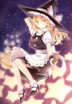  apron blonde_hair braid broom broom_riding hair_ribbon hand_on_headwear hat kirisame_marisa kohaku. long_hair looking_at_viewer puffy_sleeves ribbon shirt short_sleeves single_braid sky smile solo star star_(sky) touhou waist_apron witch witch_hat yellow_eyes 