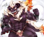  biceps chain clothing cuffs dragon fangs flexing fundoshi fur hair horn it_came_to_(artist) loincloth male muscles nipples open_mouth pecs plain_background pose pubes red_eyes reptile scalie shackles solo standing teeth toned tongue topless underwear 