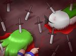  blood detached_sleeves dsk dying_message from_behind green_hair hairband impaled knife kochiya_sanae konpaku_youmu long_hair lying multiple_girls ribbon silver_hair touhou white_hair 