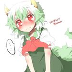  1girl artist_name bad_id bad_twitter_id blush dated ex-keine green_hair horns kamishirasawa_keine lowres rebecca_(keinelove) red_eyes ribbon short_hair simple_background solo touhou younger 