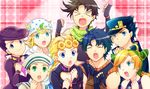  &gt;_&lt; 6+boys black_hair blonde_hair blue_eyes blue_hair carnival_phantasm closed_eyes family giorno_giovanna green_eyes green_hair hat higashikata_jousuke higashikata_jousuke_(jojolion) johnny_joestar jojo_no_kimyou_na_bouken jojolion jonathan_joestar joseph_joestar_(young) kuujou_jolyne kuujou_joutarou multiple_boys noir39 parody purple_hair steel_ball_run super_affection type-moon 