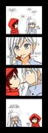  4koma :3 :t blush comic eating english food grey_eyes highres lunarisaileron multiple_girls pocky pocky_kiss red_hair ruby_rose rwby shared_food side_ponytail simple_background weiss_schnee white_background white_hair 