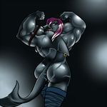  armband biceps blue_eyes butt dickgirl farkhan fin fish fists flexing glowing glowing_eyes intersex invalid_tag legwear looking_back marine muscles muscular_intersex nude piercing shark smile solo stockings teeth 