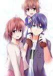  2girls blue_eyes blue_hair brown_eyes brown_hair carrying clannad dress family fujisaki_kyouya furukawa_nagisa highres multiple_girls okazaki_tomoya okazaki_ushio sailor_dress short_hair shoulder_carry 