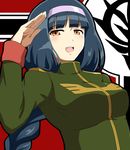  blue_hair braid gundam gundam_08th_ms_team hairband kamelie kergerenko long_hair looking_at_viewer military military_uniform open_mouth orange_eyes salute single_braid solo uniform zeon 