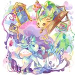  blue_eyes book bottle brown_eyes coco7 colorful crystal door eye_contact flower frills gem gen_4_pokemon glaceon heart lamp leafeon looking_at_another no_humans open_door open_mouth perfume_bottle picture_frame pink_flower pink_rose pokemon pokemon_(creature) rose 
