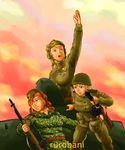  artist_name battle_rifle blonde_hair blue_eyes braid brown_eyes brown_hair cloud drum_magazine garrison_cap green_eyes ground_vehicle gun hat helmet long_hair medal military military_hat military_uniform military_vehicle motor_vehicle multiple_girls open_mouth original ppsh-41 red_star rifle rurobani soldier soviet submachine_gun svt-40 t-34 tank uniform weapon world_war_ii 