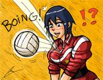  1girl ayuhara_natsu blue_eyes blue_hair blush borockman breasts inconvenient_breasts justice_gakuen large_breasts shiritsu_justice_gakuen short_hair sleeves_pushed_up solo sportswear volleyball volleyball_uniform 