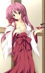  1girl alcohol blush breast_slip breasts brown_eyes female hizuki_aki japanese_clothes long_hair looking_at_viewer miko nipples one_breast_out original purple_hair sake solo standing 