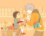  age_difference bag brown_hair casual child corn_flakes food grey_hair ikari_shinji lilith_(evangelion) male_focus messenger_bag multiple_boys nagisa_kaworu neon_genesis_evangelion shop shopping shopping_cart shoulder_bag twoframe younger 