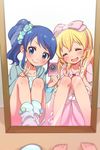  :d ^_^ aikatsu! aikatsu!_(series) barefoot blue_eyes blue_hair bow camera closed_eyes double_v female_pov hair_ribbon hoshimiya_ichigo kanya_pyi kiriya_aoi long_hair mirror multiple_girls open_mouth pajamas pink_bow pov reflection ribbon self_shot side_ponytail sitting smile socks taking_picture v 