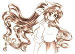 blush breasts gomamiso_(gomamiso_sp) long_hair looking_at_viewer medium_breasts miwajou monochrome original simple_background sleeves_rolled_up smile solo very_long_hair 