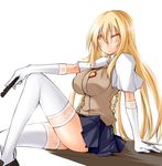  1girl arm_support blonde_hair breasts chain controller elbow_gloves gloves hair_between_eyes impossible_clothes kaminagi_(kaminagi-tei) knee_up large_breasts legs long_hair looking_at_viewer one_eye_closed pleated_skirt remote_control school_uniform shokuhou_misaki short_sleeves sitting skirt solo spider_web_print sweater_vest symbol-shaped_pupils thighhighs to_aru_kagaku_no_railgun to_aru_majutsu_no_index white_gloves white_legwear yellow_eyes zettai_ryouiki 