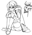  asagiri_asagi boots crying crying_with_eyes_open disgaea eu03 fur_trim greyscale hair_ornament hairclip jacket leg_hug monochrome nippon_ichi short_hair shorts solo tears thigh_boots thighhighs 