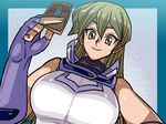  1girl 4:3 approximated_aspect_ratio aruni blonde_hair brown_eyes bust card elbow_gloves female gloves holding holding_card obelisk_blue obelisk_blue_uniform school_uniform skirt smile tenjouin_asuka uniform upper_body yu-gi-oh! yuu-gi-ou_(card) yuu-gi-ou_gx 