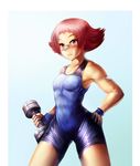  1girl abs bandaid blush dumbbell gloves gym_leader leotard muscle pink_hair pokemon pokemon_(game) pokemon_dppt short_hair sumomo_(pokemon) wristband yilx 