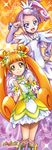  absurdres blue_eyes boots choker cure_rosetta cure_sword dokidoki!_precure dress earrings flower green_choker hair_ornament hairpin happy heart highres jewelry kenzaki_makoto multiple_girls official_art orange_eyes orange_hair precure purple_choker purple_hair purple_skirt ribbon short_hair side_ponytail skirt spade_hair_ornament takahashi_akira twintails yotsuba_alice 