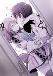  1girl asbel_lhant back_bow blush bow cheria_barnes closed_eyes couple doorway dutch_angle hair_ribbon hetero imminent_kiss kurimomo long_hair monochrome ribbon short_hair tales_of_(series) tales_of_graces thighhighs twintails v_arms 