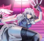  :o ass black_legwear breasts full_moon impossible_clothes impossible_shirt izayoi_sakuya knife lace lace-trimmed_thighhighs legs maid_headdress medium_breasts moon panties pantyshot raybar red_moon shirt short_hair silver_hair solo stairs thighhighs touhou underwear upskirt weapon white_panties 