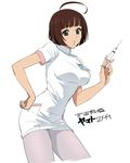  ahoge breasts brown_hair harada_makoto highres holding holding_syringe kagero_(plusup) large_breasts miniskirt name_tag nurse pantyhose short_hair short_sleeves skirt solo syringe uchuu_senkan_yamato uchuu_senkan_yamato_2199 white 