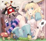  2girls :o alice_(wonderland) alice_in_wonderland blonde_hair blue_eyes bunny card caterpillar caterpillar_(wonderland) chair crossed_arms crossed_legs crown drinking giantess grass hair_ribbon hat heart kneehighs legs_up loafers long_hair mad_hatter multiple_girls mushroom open_mouth pipe playing_card pocket_watch puffy_short_sleeves puffy_sleeves queen_of_hearts ribbon shoes short_sleeves sitting smoking staff striped striped_legwear surprised top_hat waasa watch white_rabbit 