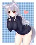 animal_ear_fluff animal_ears blush breasts character_request eyebrows_visible_through_hair highres large_breasts long_hair naked_sweater original red_eyes ribbed_sweater silver_hair smile sogaya solo sweater tail wolf_ears wolf_tail 