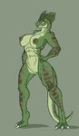  3_toes abs anthro beauty_mark biceps big_breasts breasts claws dilophosaurus dinosaur female furry-specific_piercing long_legs lordstevie muscles muscular_female nipple_piercing nipples nude piercing plain_background pussy reptile scalie smile solo thighs toe_claws toes wide_hips yellow_eyes zhalia_moon 