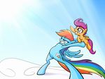  averagedraw blue_fur cloud cub cutie_mark duo equine female feral friendship_is_magic fur grin hair holding horse looking_away mammal multi-colored_hair my_little_pony orange_fur pegasus pony purple_eyes purple_hair rainbow_dash_(mlp) scootaloo_(mlp) short_hair sky smile throw wing_boner wings young 