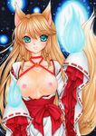  2011 animal_ears bell blonde_hair blue_eyes blush breasts breasts_outside dated fox_ears fox_tail hair_bell hair_ornament highres hitodama japanese_clothes jingle_bell large_breasts long_hair looking_at_viewer marker_(medium) miko mocomoco_party nipples original ribbon-trimmed_sleeves ribbon_trim sidelocks signature sleeves_past_wrists smile solo standing tail traditional_media very_long_hair 