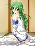  blush breasts fuyuno_taka green_hair highres kochiya_sanae long_hair looking_at_viewer looking_back naked_shirt nipples open_mouth shirt sitting small_breasts solo touhou wariza 