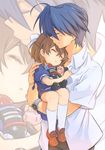  1girl amana_(pocketkey) blue_eyes blue_hair brown_hair carrying clannad closed_eyes dress father_and_daughter highres kneehighs loafers okazaki_tomoya okazaki_ushio princess_carry robot sailor_dress shoes short_hair toy watch white_legwear zoom_layer 