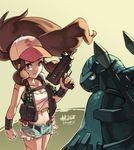  2013 baseball_cap big_hair blue_eyes breasts brown_hair carracosta cleavage clenched_hand cutoffs dated denim denim_shorts explosive gen_5_pokemon grenade gun hat junkpuyo long_hair mac-10 medium_breasts midriff navel open_fly poke_ball pokemon pokemon_(creature) pokemon_(game) pokemon_bw ponytail rocket_launcher rpg rpg-7 shorts sidelocks submachine_gun touko_(pokemon) unzipped very_long_hair vest weapon wristband yellow_eyes 